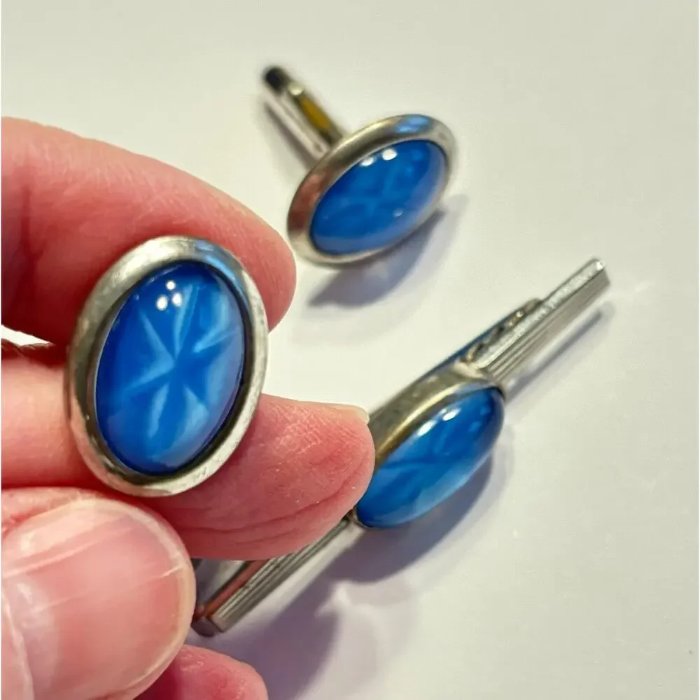 Vintage Anson silver & blue starburst men’s jewelry set cufflinks & tie bar clip